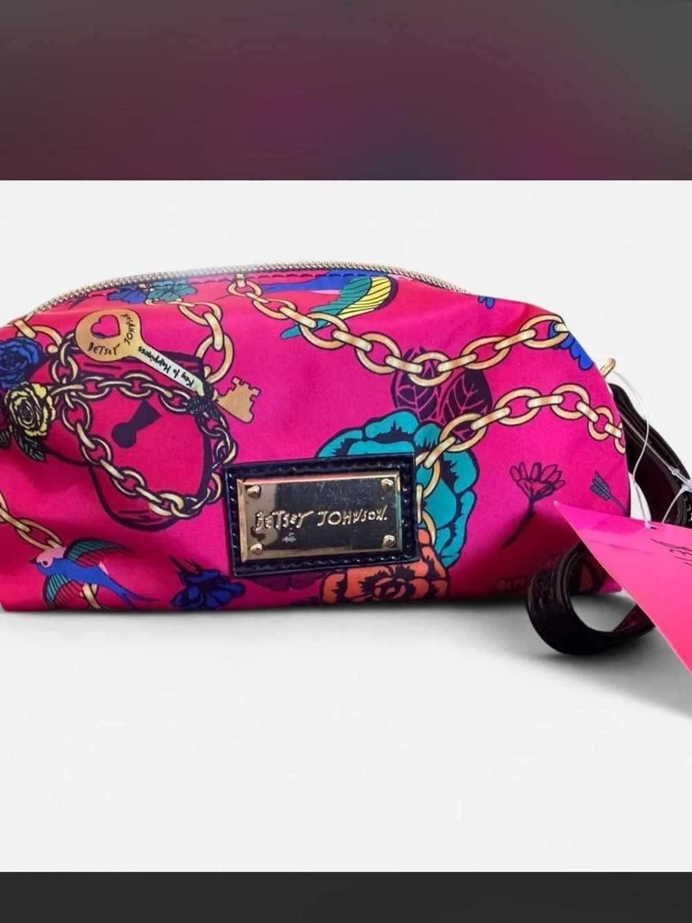 Betsey Johnson Hot Pink Floral & Gold Chain Cosmetic Pouch